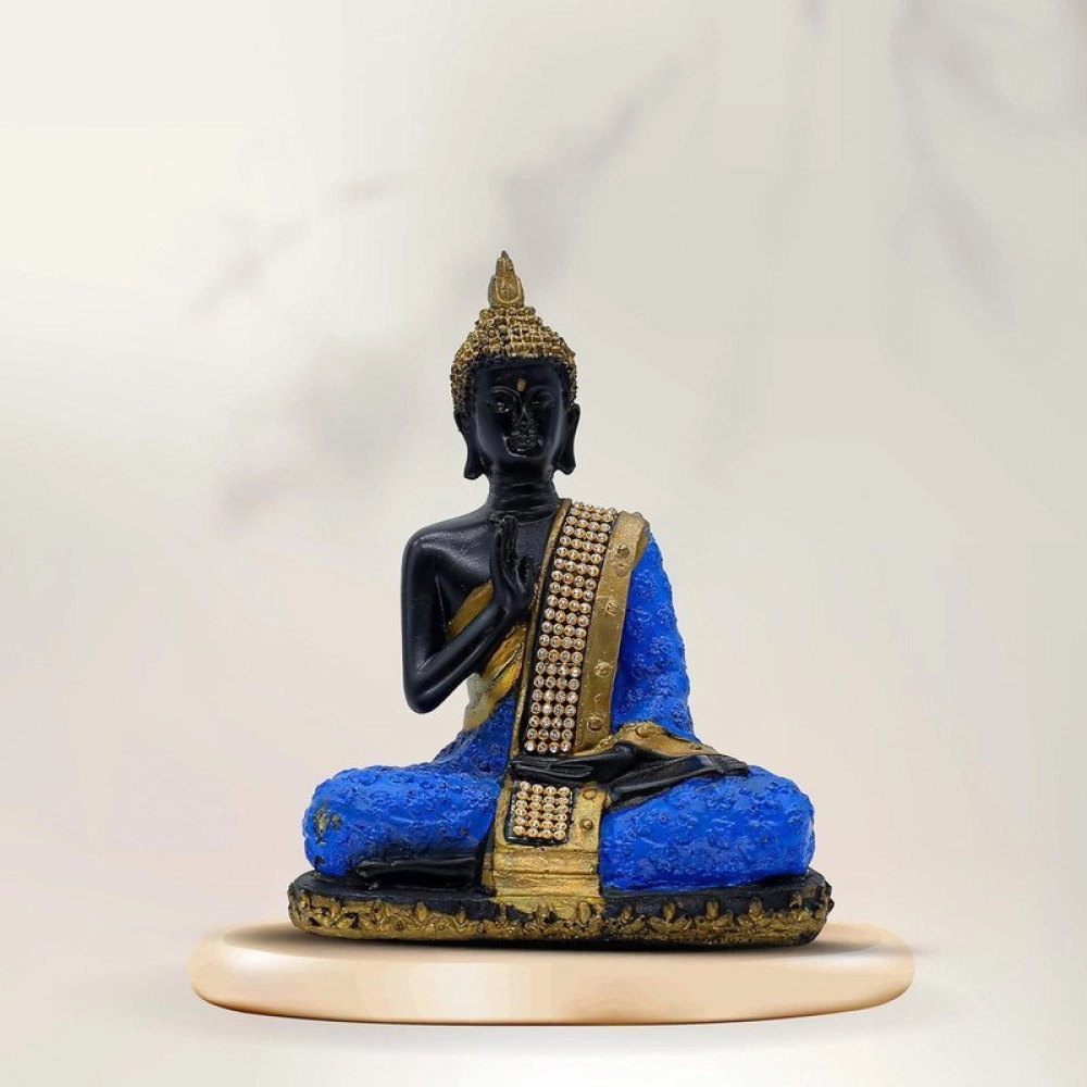 Thai Buddha Statue with Crystal Accents, Black and Blue, 7.5 x 6 inch, Meditation Decor
